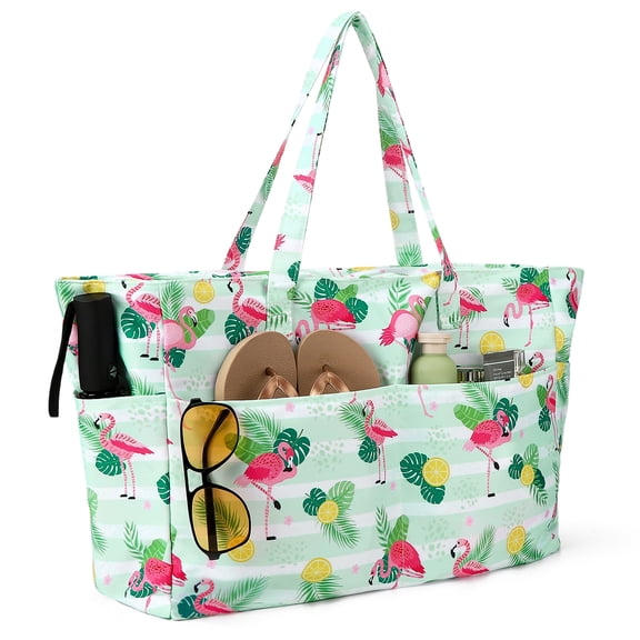 Bocaoying Flamingo Pattern Water-Resistant Beach Tote Bags, Large Sand-Proof Family Travel Tote, Waterproof Pool Bag with Inner Zipper Pocket for Beach, Swimming, and Travel