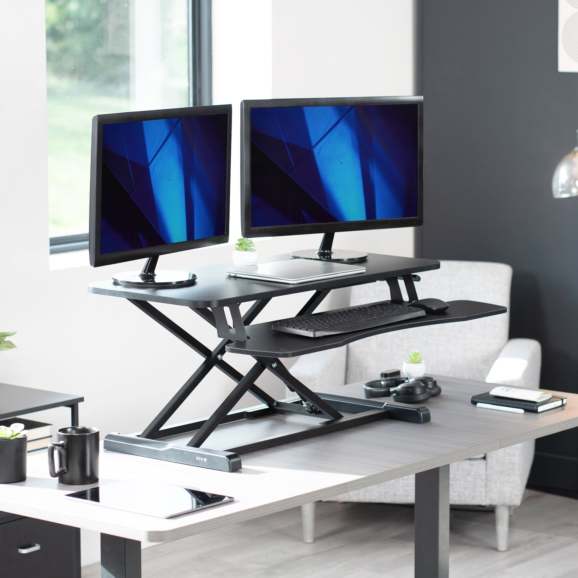 VIVO Black Height Adjustable 36" Standing Desk Monitor Riser, Sit Stand Tabletop