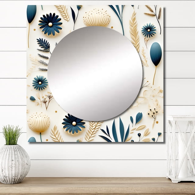 Designart "Fern Tranquility II" Floral Square Mirror For Wall Decor - Large Blue Square Printed Wall Mirror Art - Square Cottage Mirror - Wall Mounted Square Large Mirror