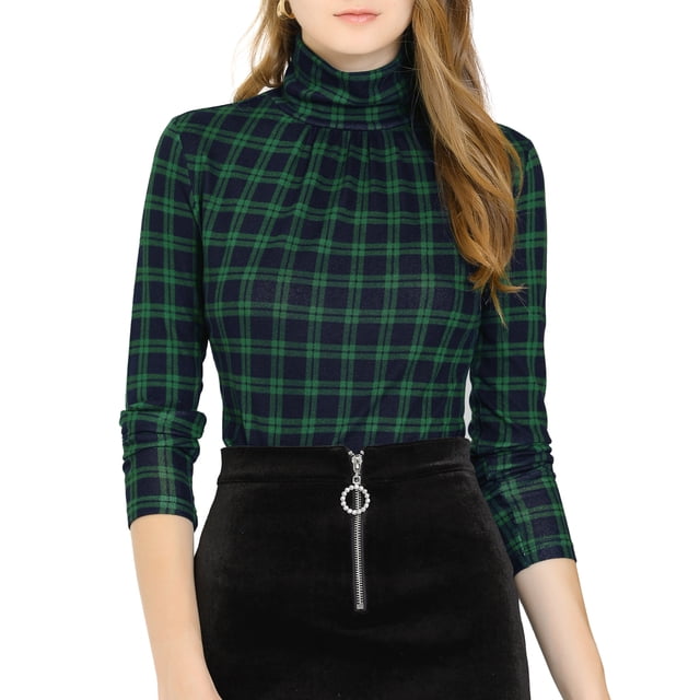 Blusa de mujer Inspire Chic de ajuste slim, con cuello alto, frente plisado, de manga larga, tejido, talla 3XL, color verde