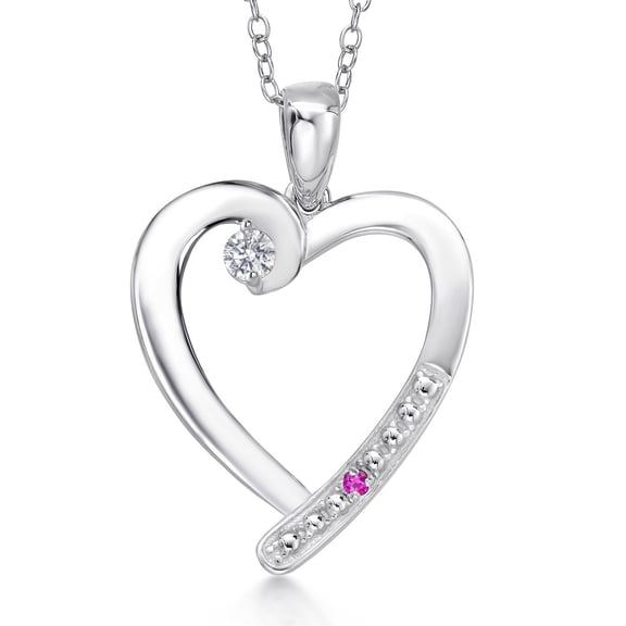 Gem Stone King 925 Sterling Silver Lab Grown Diamond and Pink Sapphire Heart Pendant Necklace for Women | 0.19 Cttw | Gemstone April Birthstone | Round 3.5MM | With 18 inch Chain