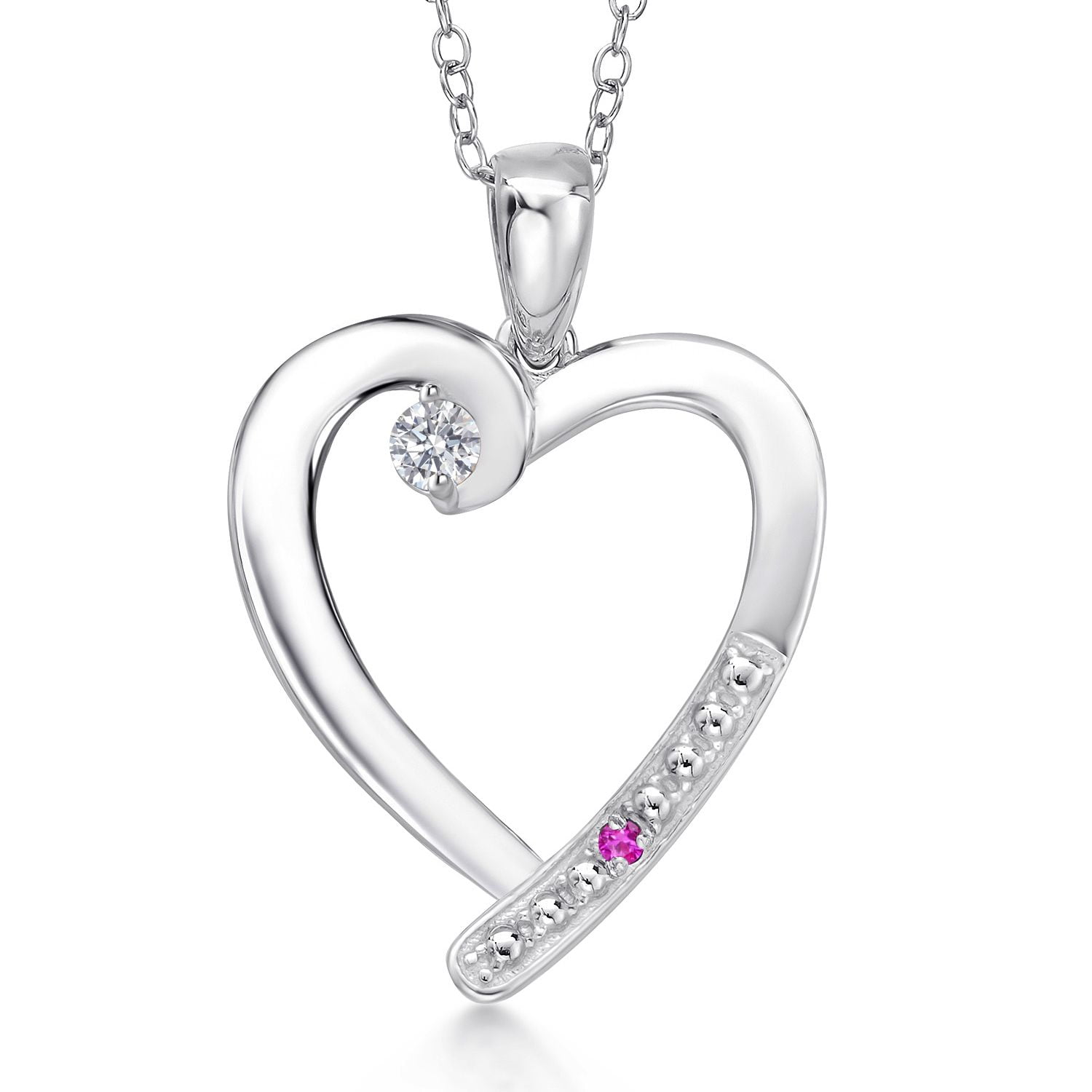 Gem Stone King 925 Sterling Silver Lab Grown Diamond and Pink Sapphire Heart Pendant Necklace for Women | 0.19 Cttw | Gemstone April Birthstone | Round 3.5MM | With 18 inch Chain
