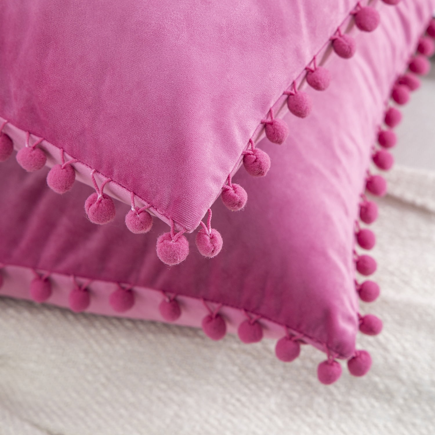 Phantoscope Pink Throw Pillow Covers 2 Pack, 12" x 20" Velvet Decorative Pillow Cases with Pom Poms, Soft Square Cushion Covers for Couch Sofa Bed