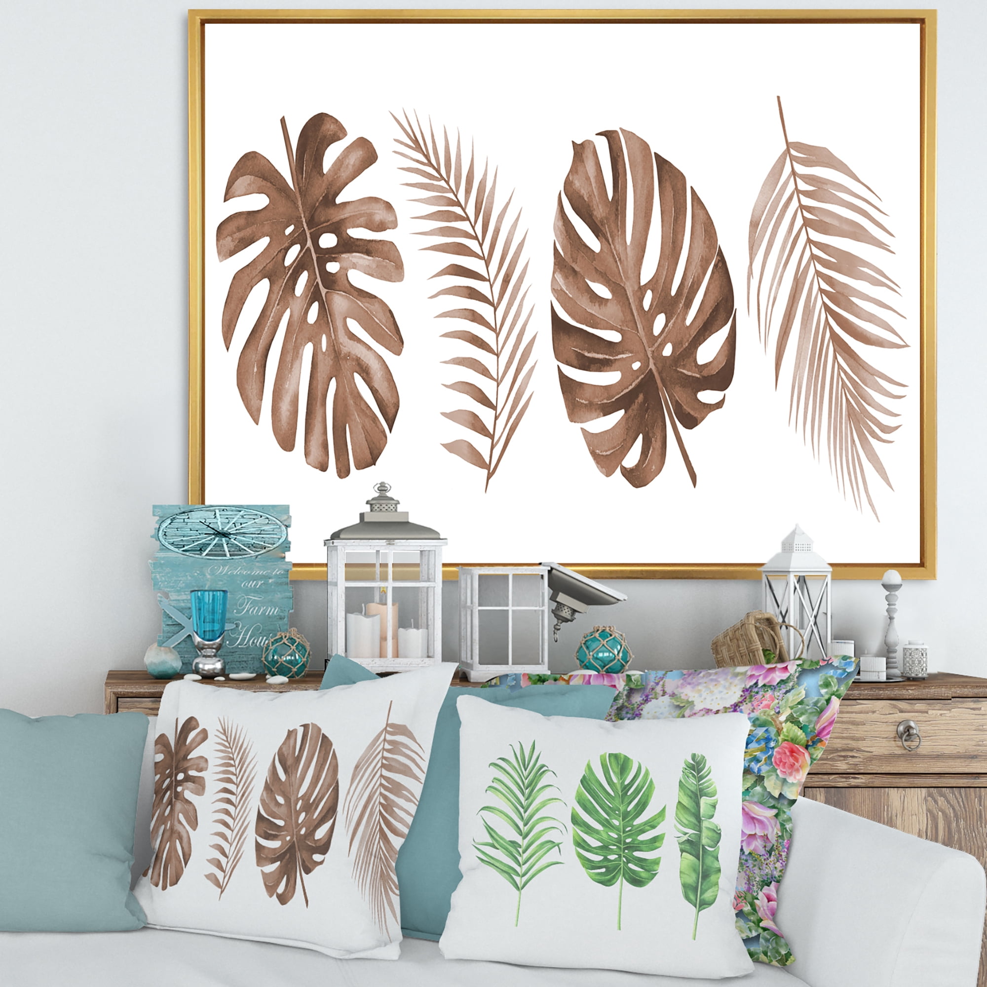 Designart 'Tropical Palm and Monstera Leaf In Terracotta' Traditional Framed Canvas Wall Art Print