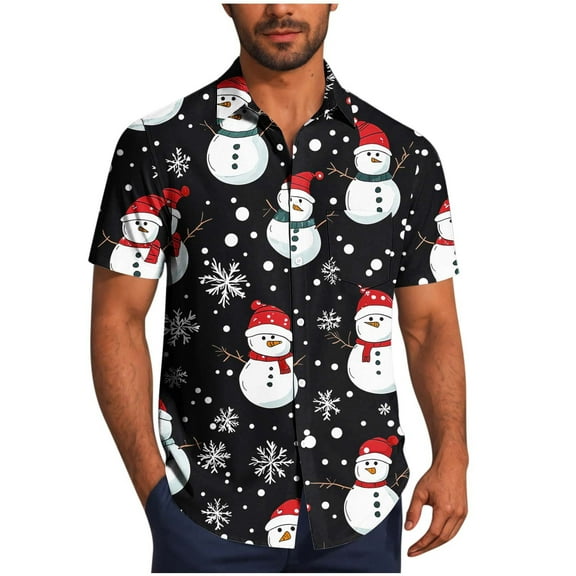 Mens Christmas Hawaiian Shirts Party Short Sleeve Button Down Shirt Turndown Collar Blouse