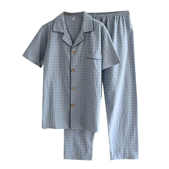 TSADFHJI Men's Pajamas Set Flannel Men's Pajamas Summer Thin Washed Cotton Fabric Short Sleeved Long Pants Home Clothing Plaid Summer Cotton Set Xl Blue