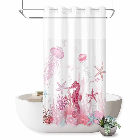 No Hook Shower Curtain, Pink Coastal Shower Curtains for Bathroom with See Through Top Window, Summer Ocean Coral Jellyfish Seahorse Starfish Waterproof & Washable Bath Curtain Narrow 54"x78"
