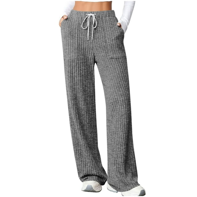 Erwazi Wide Leg Ribbed Pajama Pants for Women Fall Drawstring Waisted Lounge Pants Knit Soft Comfy Trousers Pj Bottom with Pockets