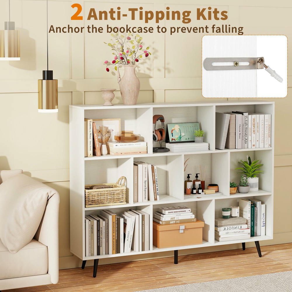 Resenkos 10-Cube Bookcase with 5 Tapered Metal Legs, White + Black