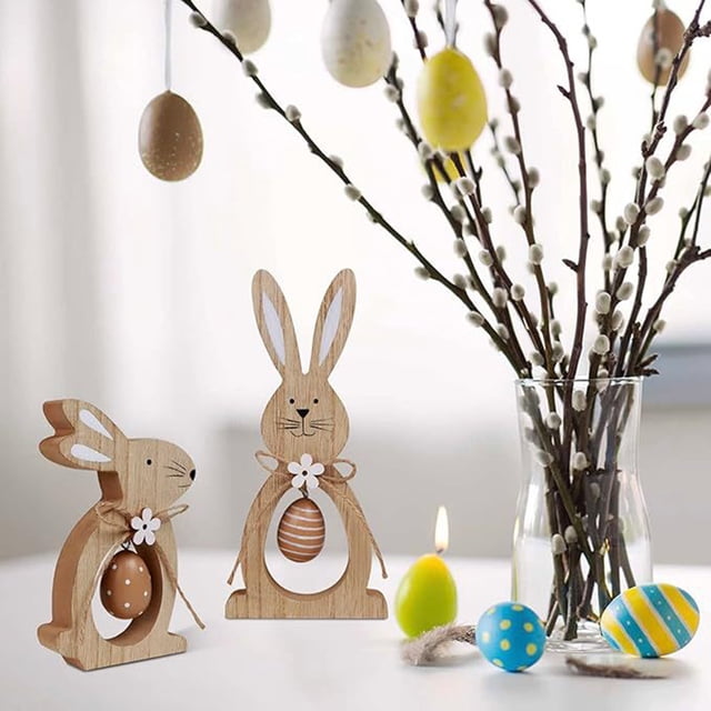 2pcs Unique Easter Bunny And Eggs Decorations Wooden Tabletop Decorations For Festival Home Decor Making Your Easter Full Of Warmth And Festive Mood
