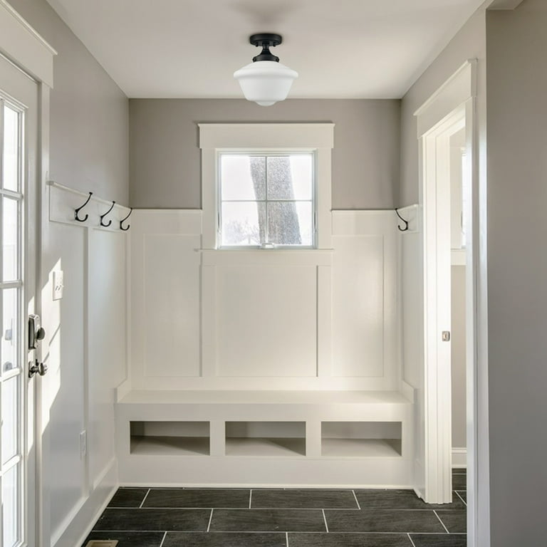 Black Schoolhouse Ceiling Light Fixture with Milk Glass Shade