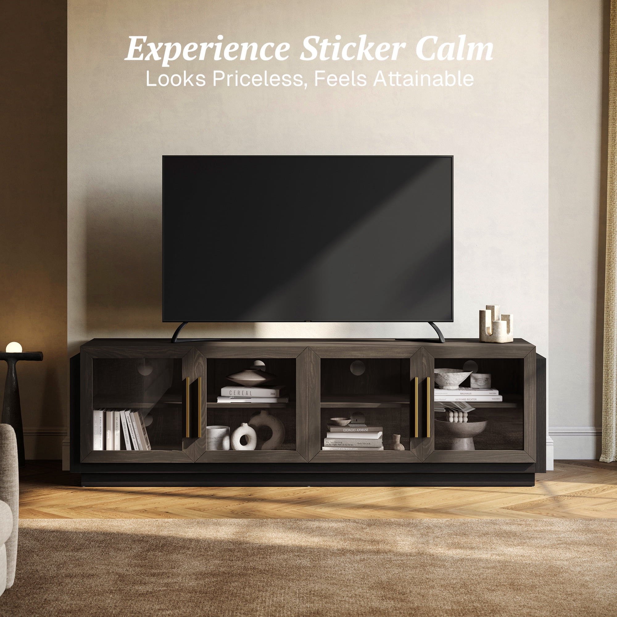 BELLEZE 70" TV Stand for TVs up to 75", Modern TV Stand & Entertainment Center with Shelves, Wood Storage Cabinet for Living Room or Bedroom - Brixston (Brown)