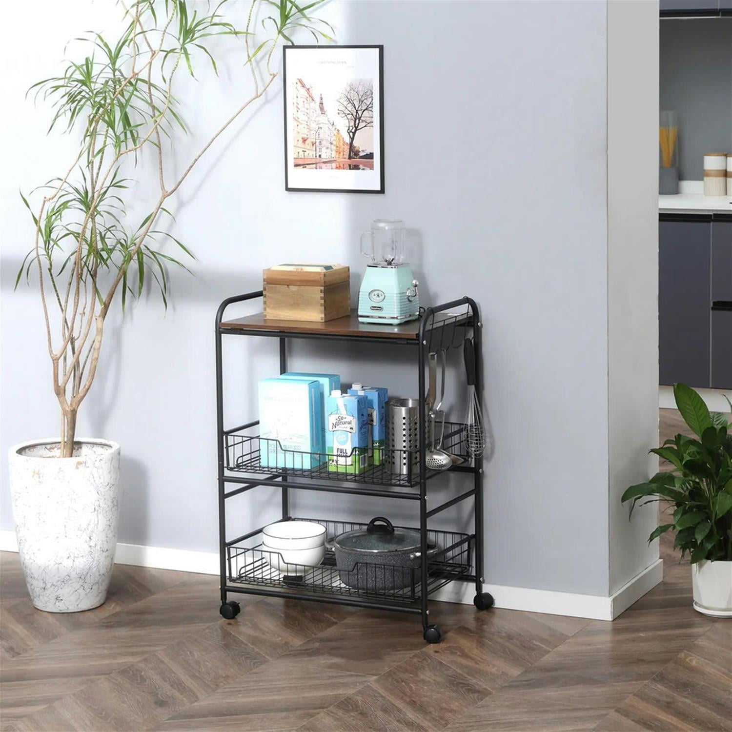 Demi Bonn 33" Kitchen Island Cart on Wheels with Storage, Rolling Dining Room Serving Utility Carts Mobile Movable with Fruit Basket and Side Hooks for Dining Room, Walnut