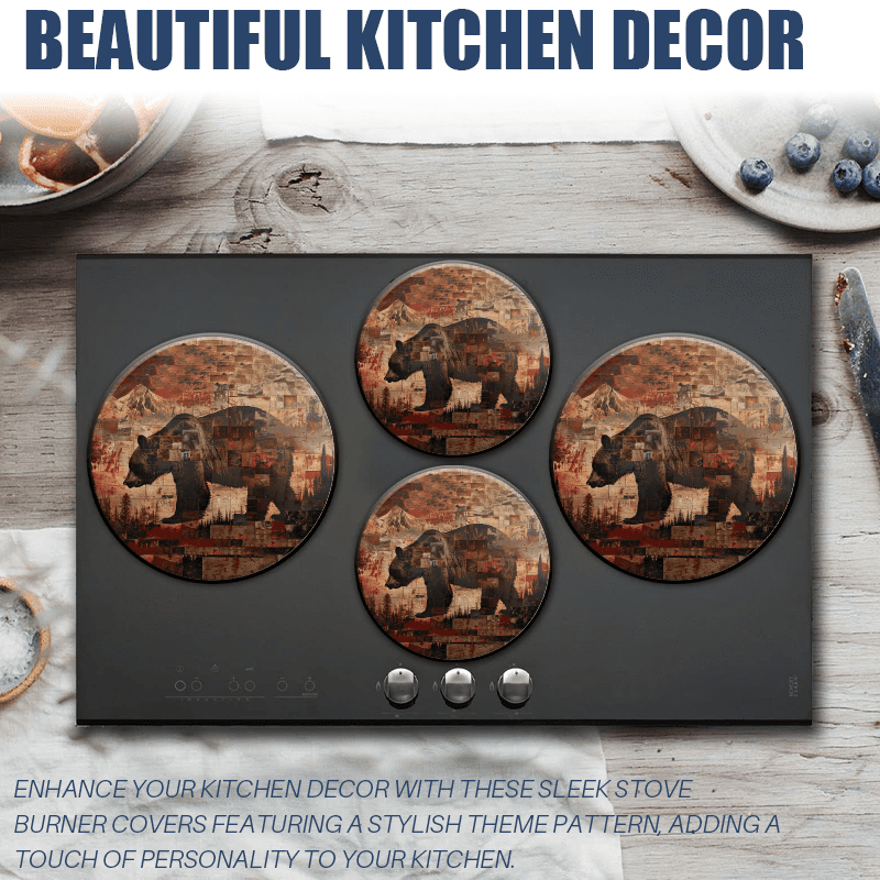 BaHomeck Electric Stove Burner Covers Set of 4,Round Metal Gas Stove Burner Covers 8 Inch and 10 Inch,Kitchen Decor,Grizzly Bear Walking Through The Wilderness
