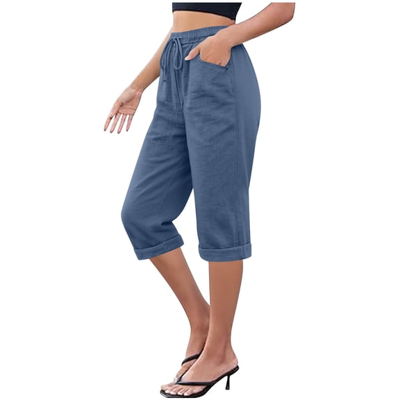XPMWRP Women's Linen Capri Pants Drawstring High Waist Casual 3/4 Length Pants with Pockets Rolled Hem Summer Pants for Women Blue M