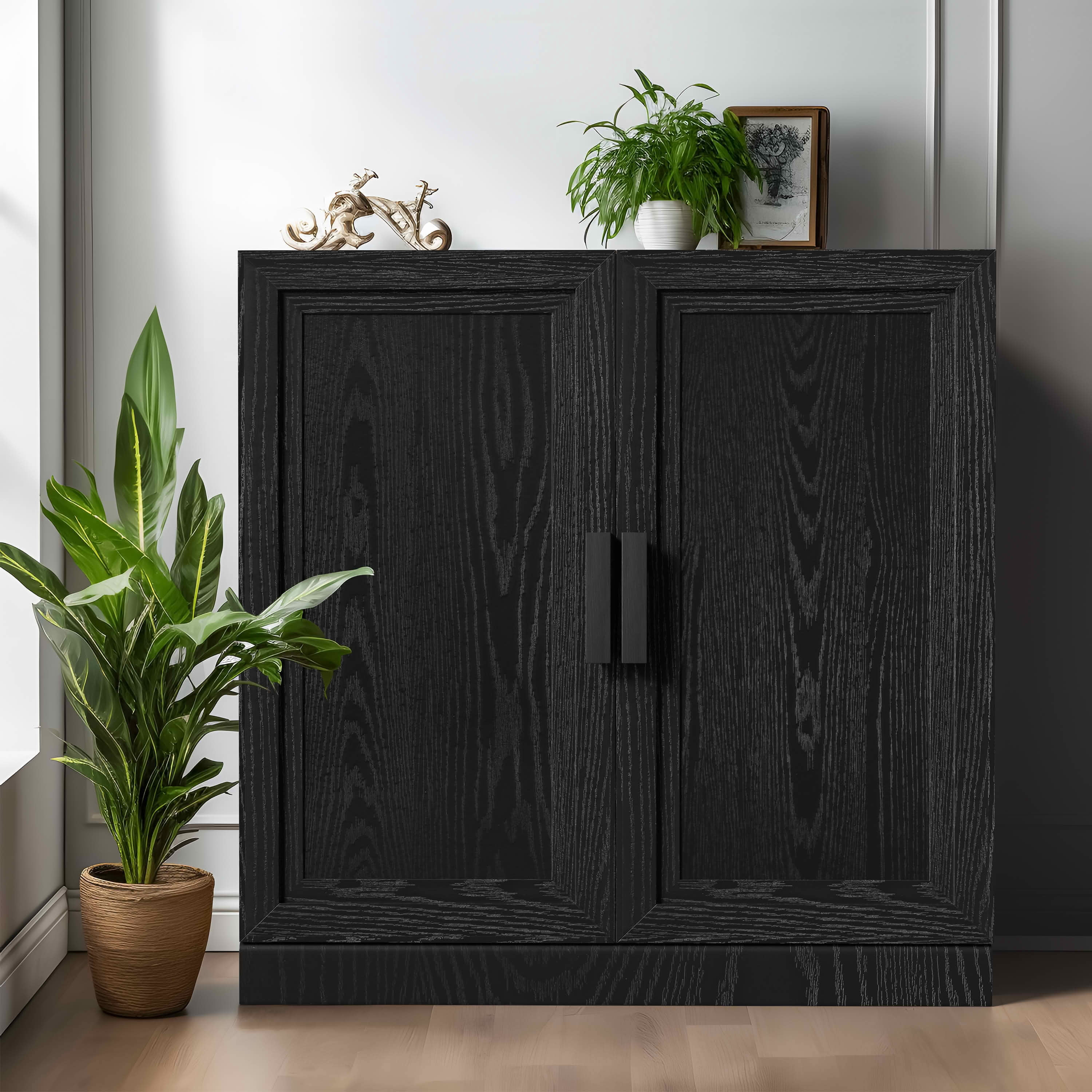 MAYEERTY 31x31x16 Inch Black Wood Grain Storage Cabinet with Solid Wood Door for Living Room