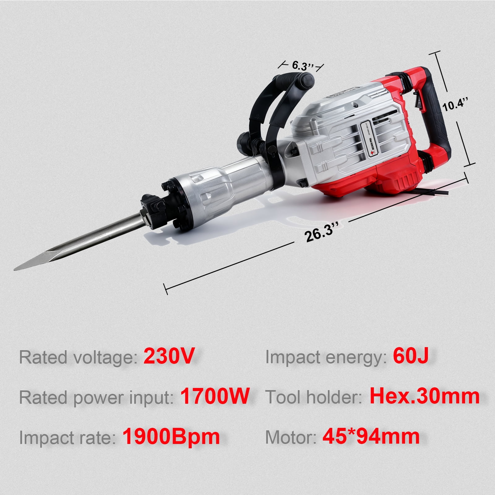 Heavy Duty Demolition Jack Hammer – Max 3500W, 1900 BPM Electric Concrete Breaker with 60J Impact Force, Includes 2 Chisels for Trenching, Breaking Holes & Construction Work