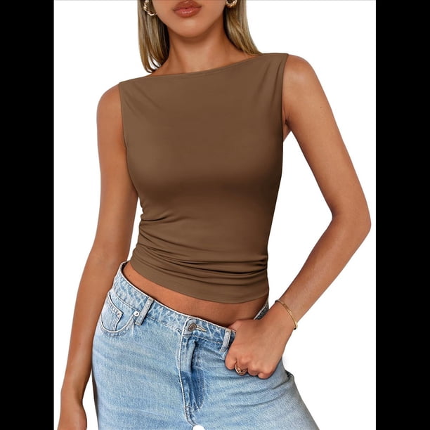 Chaleco Sin Mangas Sexy de Moda para Mujer Color Café L