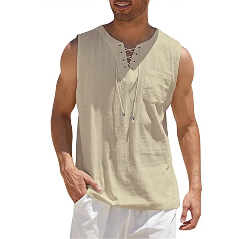 Mens Beach Shirts Summer Casual Baggy Cotton Linen Sleeveless Tee Shirts  V-Neck Drawstring Fashion Hippie Tank Tops - Walmart.com