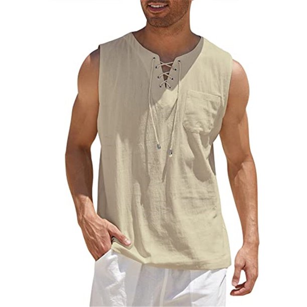 Nueva camiseta sin mangas para hombre, camiseta de manga corta de lino y algodón de Color sólido Eccomum Caqui S