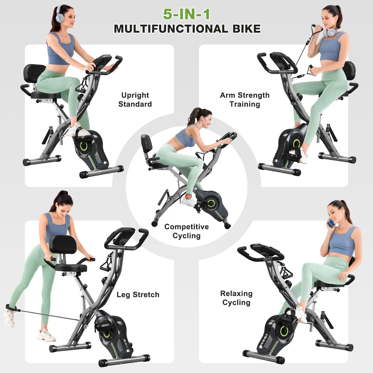 5-in-1 Folding Exercise Bike,Magnetic Cycling Bicycle X Bike with 16 Levels of Resistance for Home Indoor Cardio Workout
