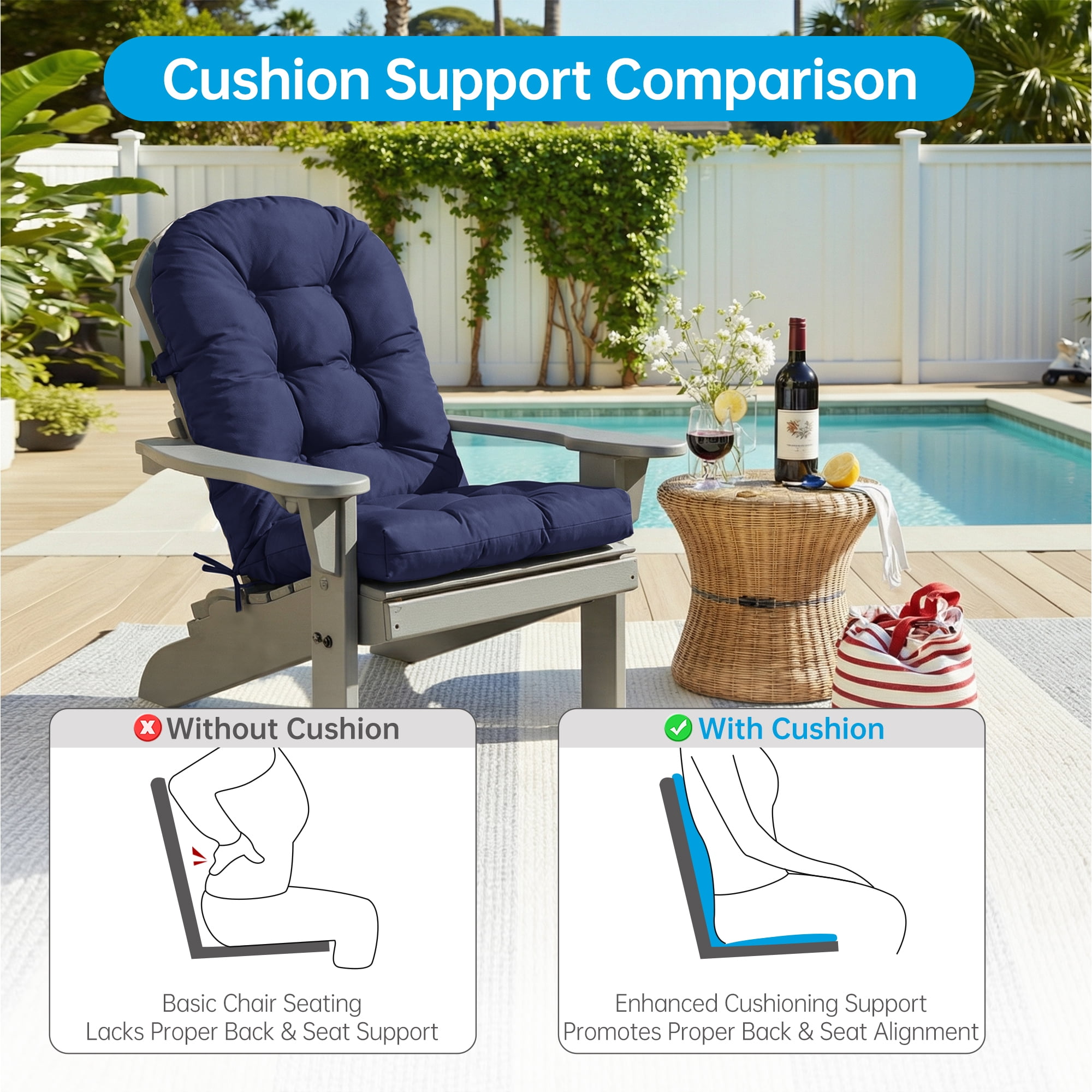 Millsilo Outdoor Rocking Chair Cushion 44" x 19" x 4", Summer Patio High Back Rocker Cushion, Water-Resistant, UV Fade-Resistant, Non-Slip Bottom, Dark Blue