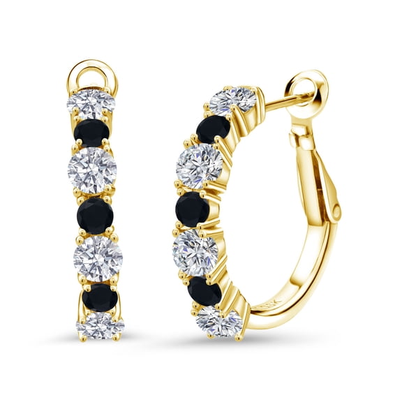 Gem Stone King 18K Yellow Gold Plated Silver White Lab Grown Diamond and Black Onyx Hoop Earrings for Women (2.76 Cttw, Gemstone April Birthstone, Round 4MM and 3MM)