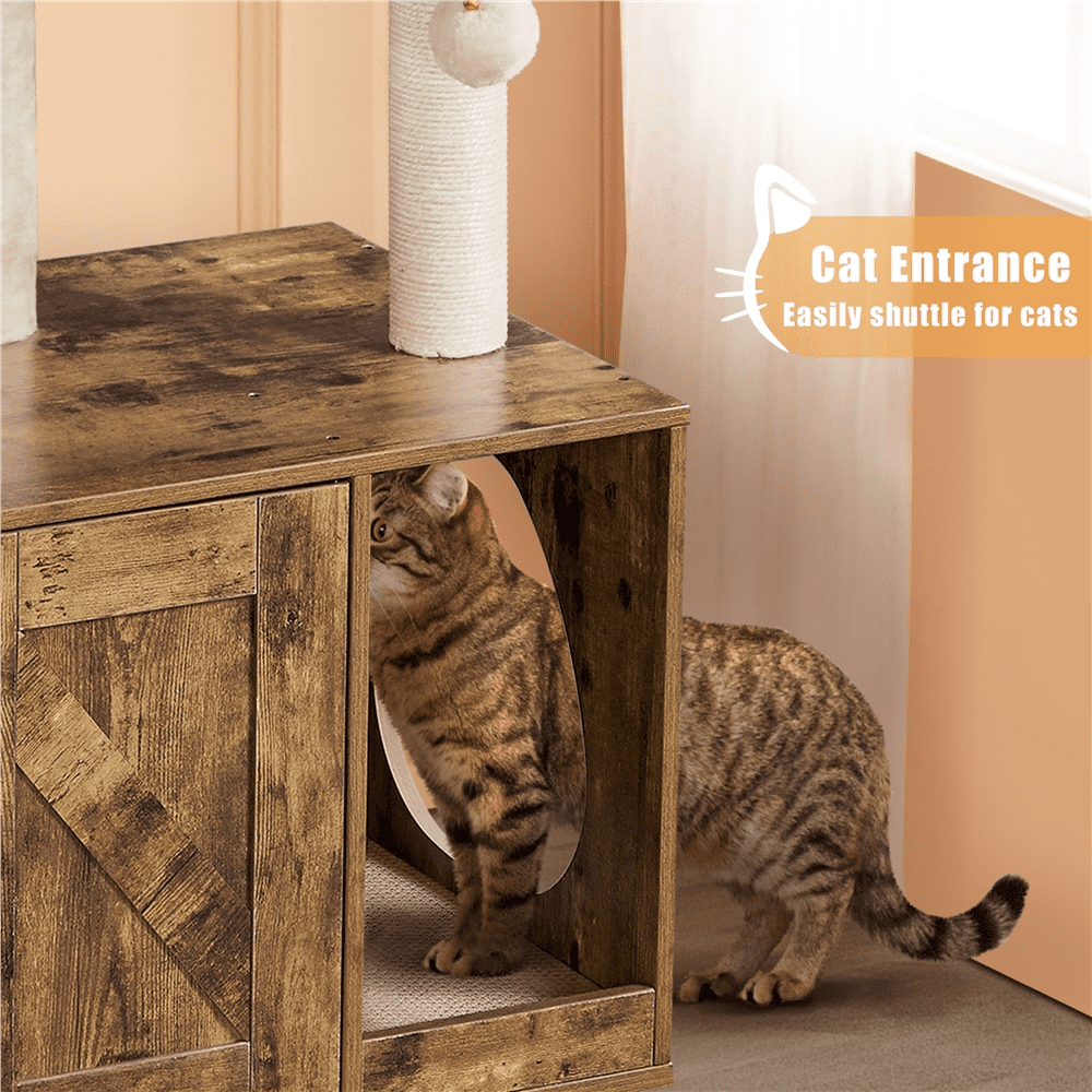 Renwick 53''  Wooden Litter Box Enclosure with Cat Tree Tower, Rustic Brown/Beige