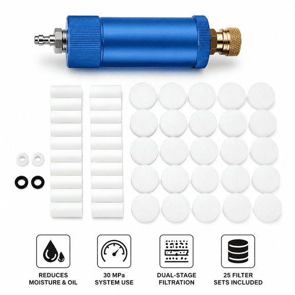 30 MPa PCP Hand Pump Water Oil Separator, Blue Dual-Stage Inline Air Compressor Filter with 25 Filter Sets