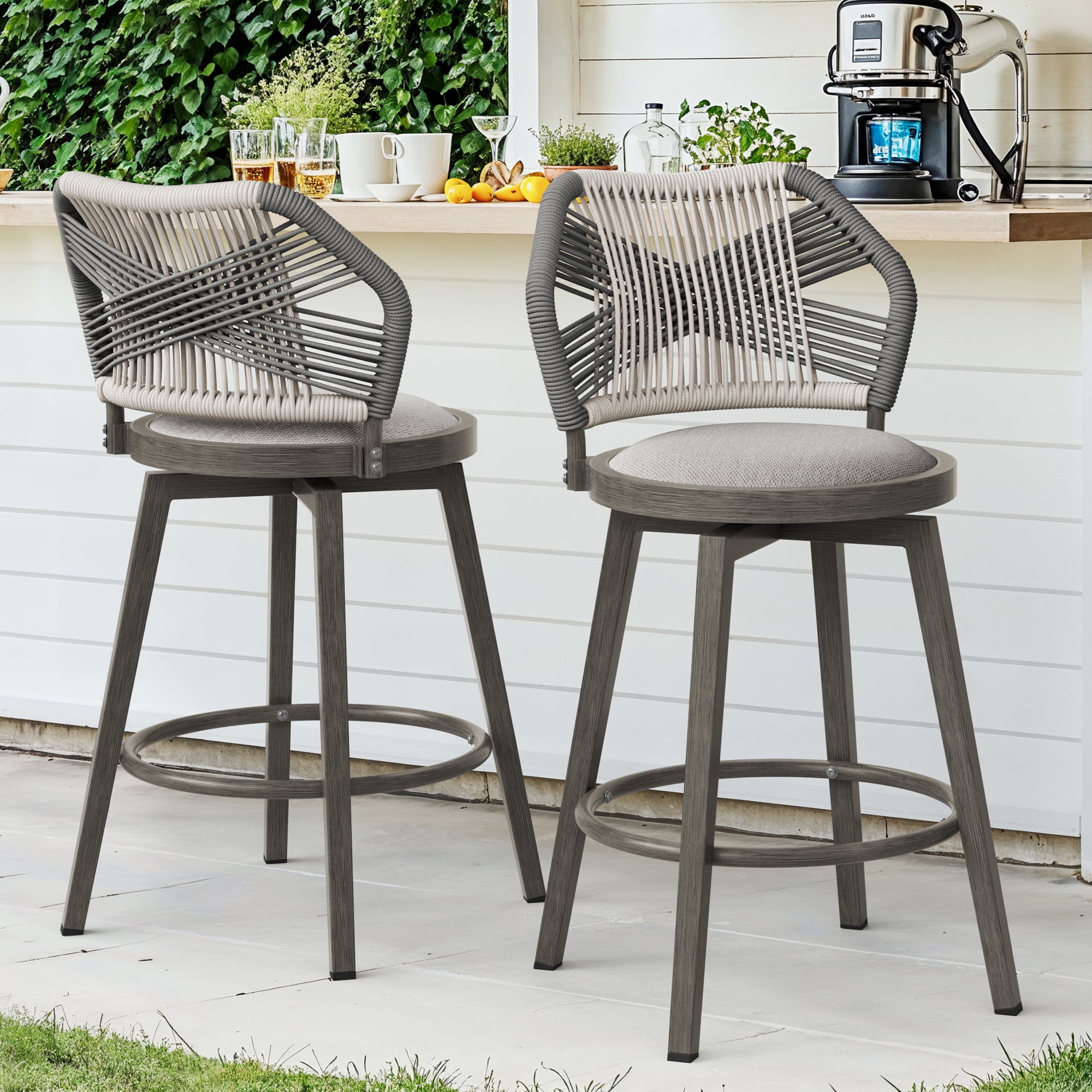 Dycanpo 26'' Swivel Bar Stools Set of 2, Counter Height Stools with Woven Backrest & Footrest, Gray