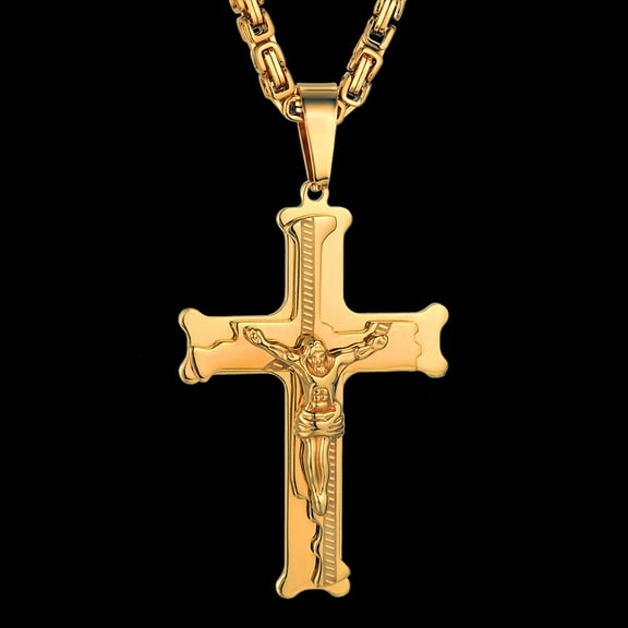 14K Yellow Gold Male Byzantine Chain & Pendant,20" 23" 26" Mens Golden Color Jesus Cross Necklaces Pendant for Men