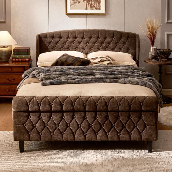 Sailvan Queen Bed Frame, Upholstered Sleigh Bed Frame with Wingback Headboard, Wood Bed Frame No Box Spring Needed Easy Assembly