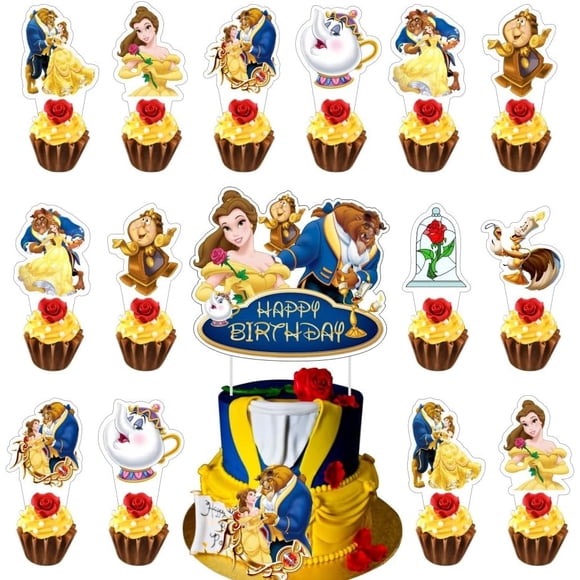 25Pcs Beauty & Beast Princess Cake Decorations with 24pcs Cupcake Toppers 1pcs Cake Topper for Girls Birthday Party Supplies