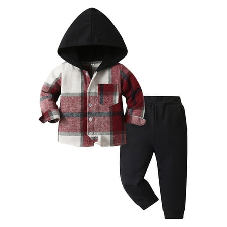 

Toddler Boys Fall Outfits Set Clothes Long Sleeve Casual Plaid Prints Gentleman Hooded Tops Holiday Shirts T Shirt Pants Outfits Red 100