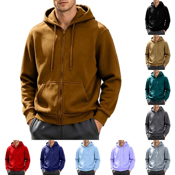 Men's Zip-Up Hoodie Classic Solid Color Long Sleeve Hoodies Casual Drawstring Basic Fit Pullover with Pocket Brown L