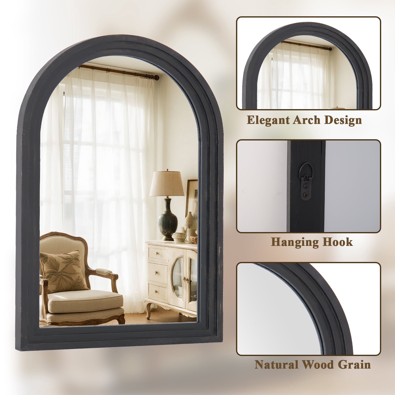 Easy4Home 36"x24" Arched Bathroom Mirror with Wooden Frame Decorative Wall Mounted Mirror, Black