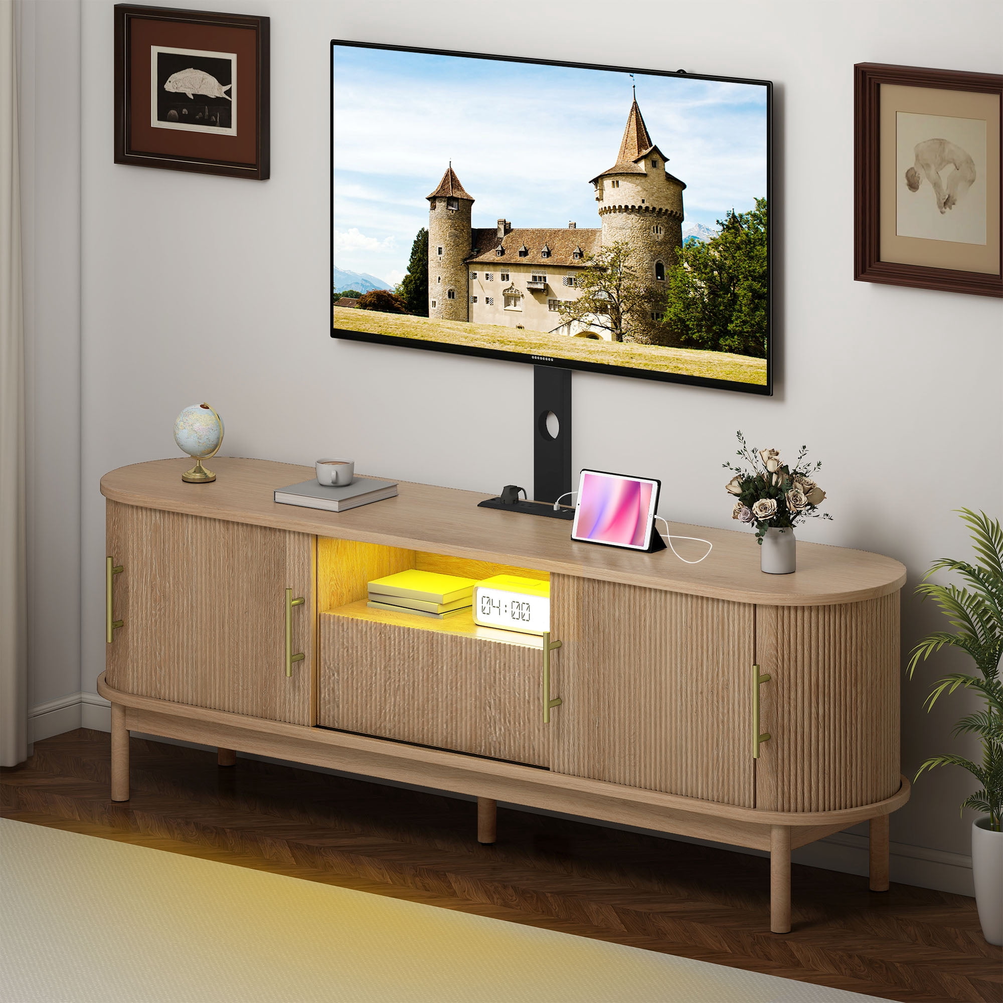 Uforic 65" TV Stand with Mount for 32-75" TVs, Height Adjustable Fluted Entertainment Center, Oak