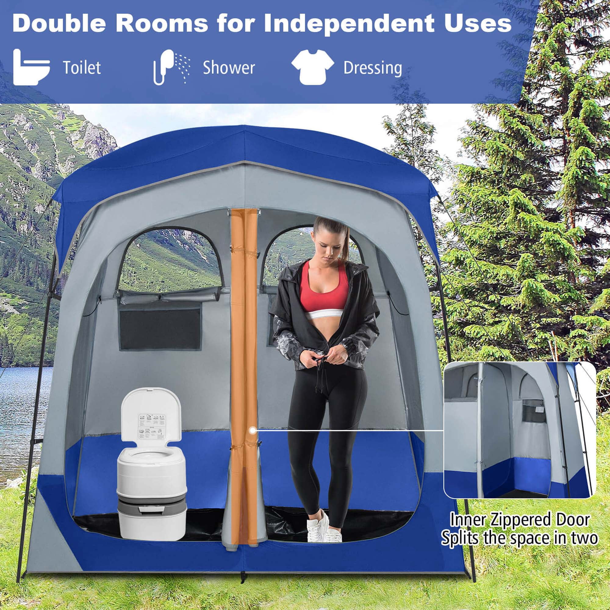 Goplus 2 Room Shower Tent Oversize Privacy Shelter Portable Dressing Toilet Outdoor Blue