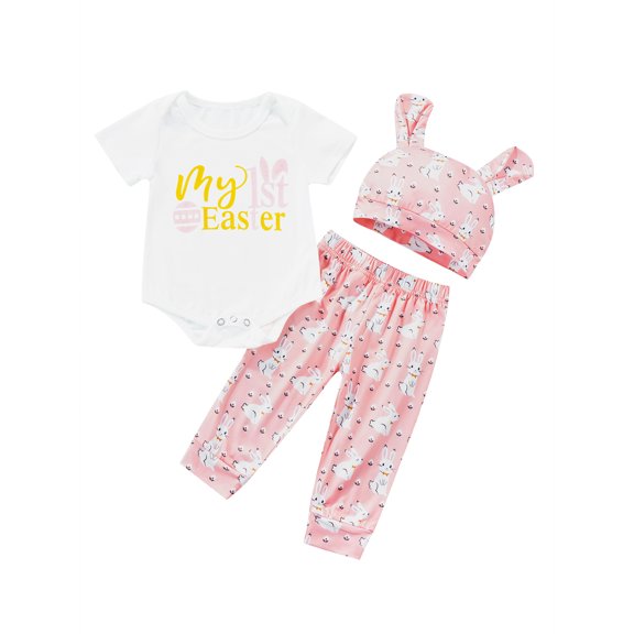 Bagilaanoe 3Pcs Newborn Baby Girl Easter Outfits Letter Print Short Sleeve Romper Tops   Trousers   Hat 6M 12M 18M 24M Infant Long Pants Set