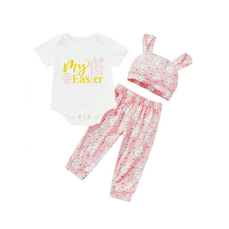 

TSEXIEFOOFU Newborn Girl Three-Piece Outfits Letter Print Short Sleeve Romper + Bunny Print Trousers + Cute Ears Hat