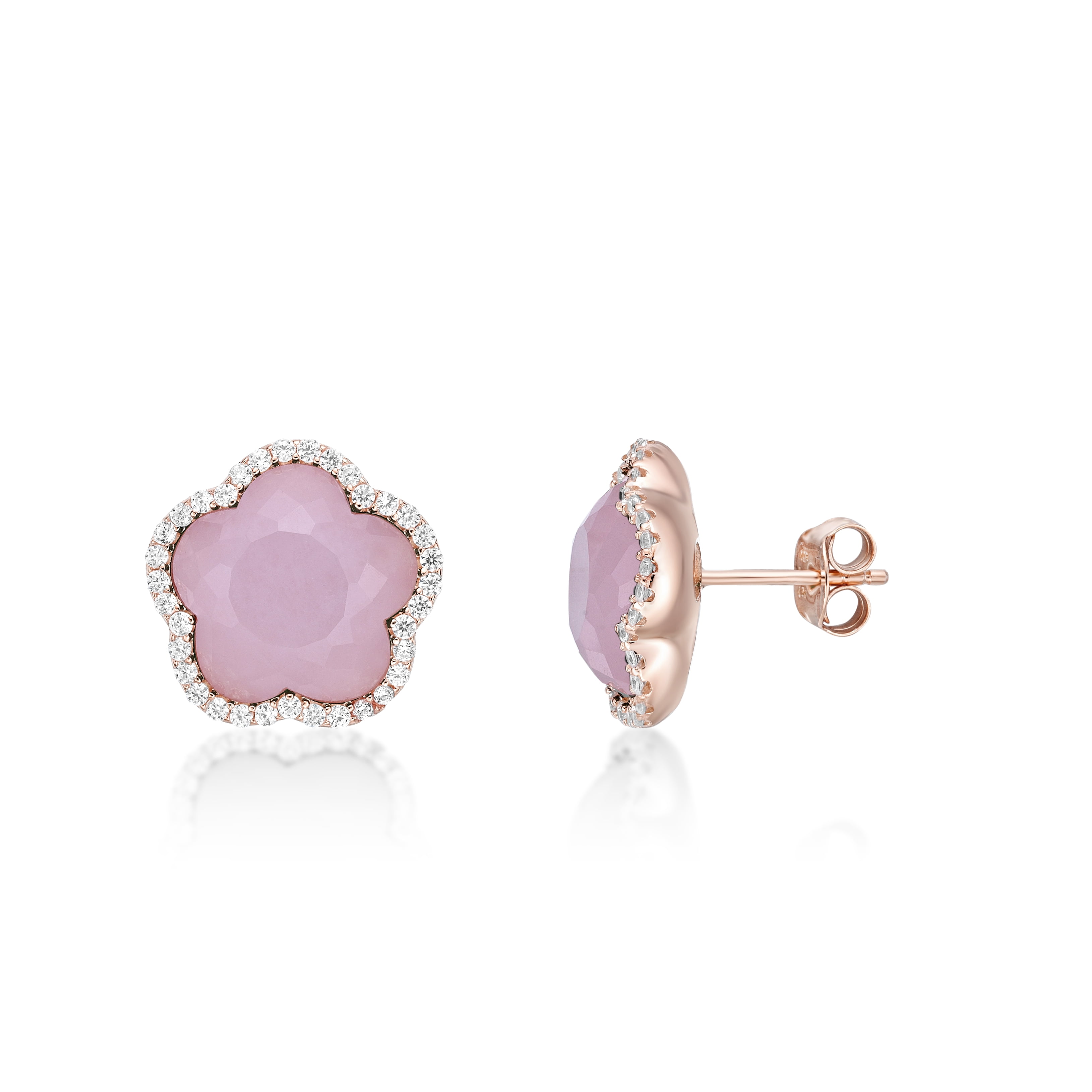 Pink Quartz and Cubic Zirconia Five Petal Flower Stud Earrings in 925 Sterling Silver with Rose Gold Plating with Friction Back by Lavari Jewelers