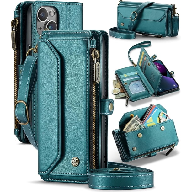 Funda tipo cartera cruzada para iPhone 13 con soporte RFID, ranuras para tarjetas de carga inalámbrica anticaídas, bolso de hombro de piel sintética con correa ajustable