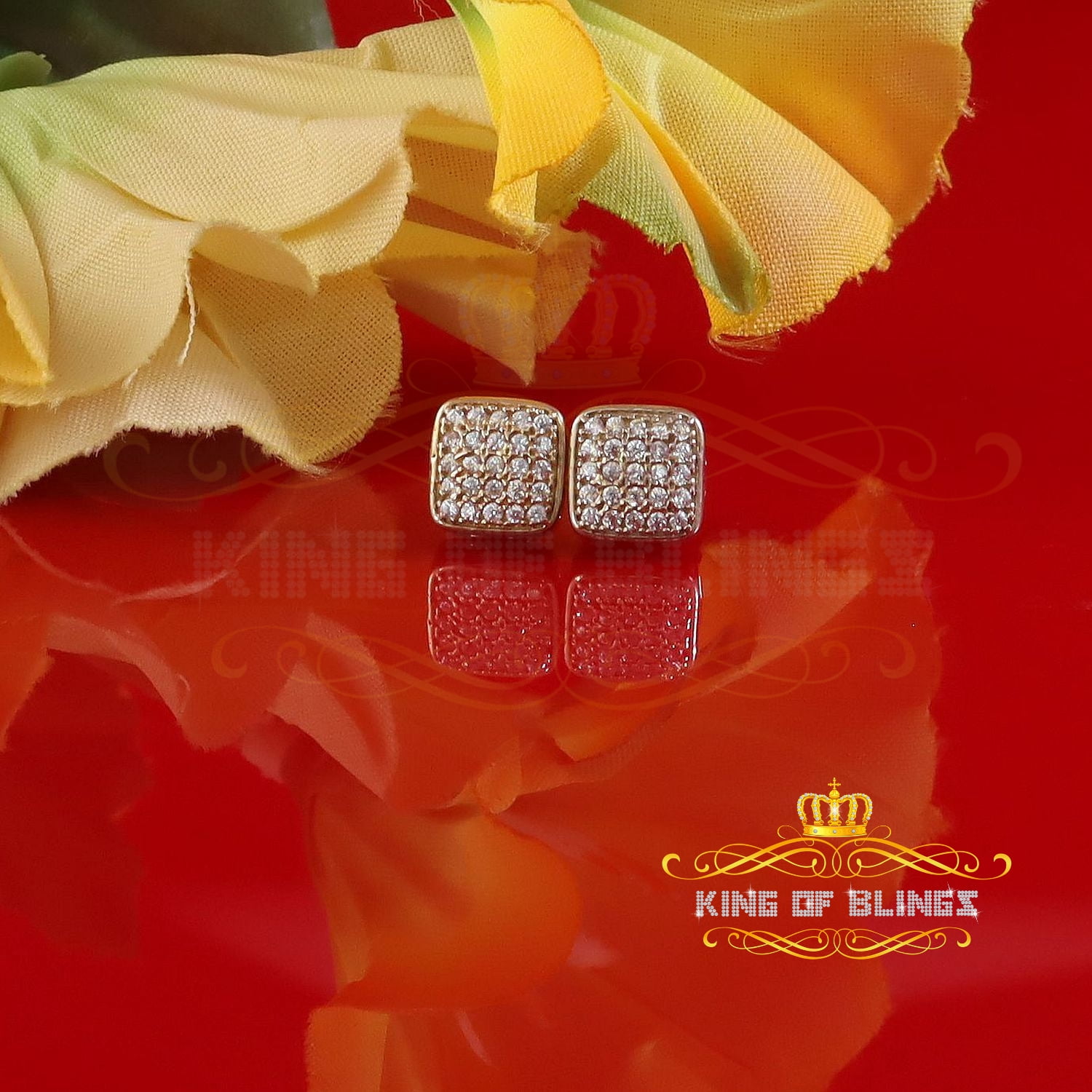 King of Bling's Elegant Yellow 925 Silver 0.50ct Cubic Zirconia Screw Back Square Ladies Earring
