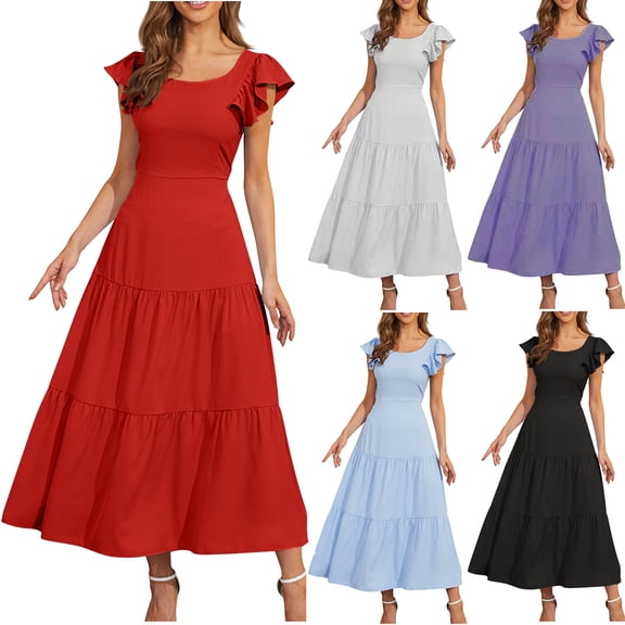 YuXingFu Kentucky Derby Dresses Mid-Length Crew Neck Plus Size Womens Dress Short Sleeve Solid Color Casual Summer White S