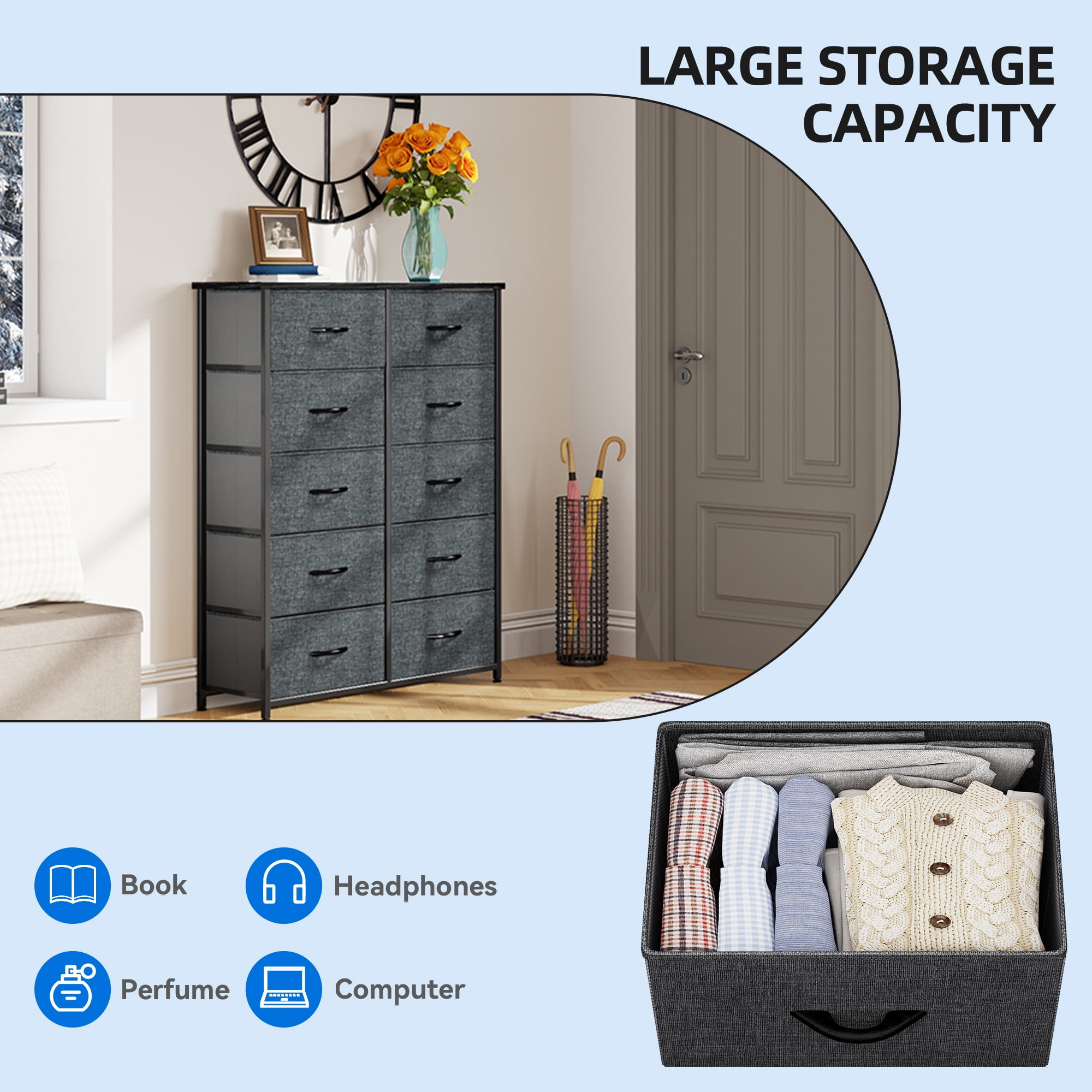 Uforic 10 Drawer Dresser, Chest of Drawers for Bedroom Fabric Dressers Bedroom Organization Cabinet Fabric Containers Black Grey