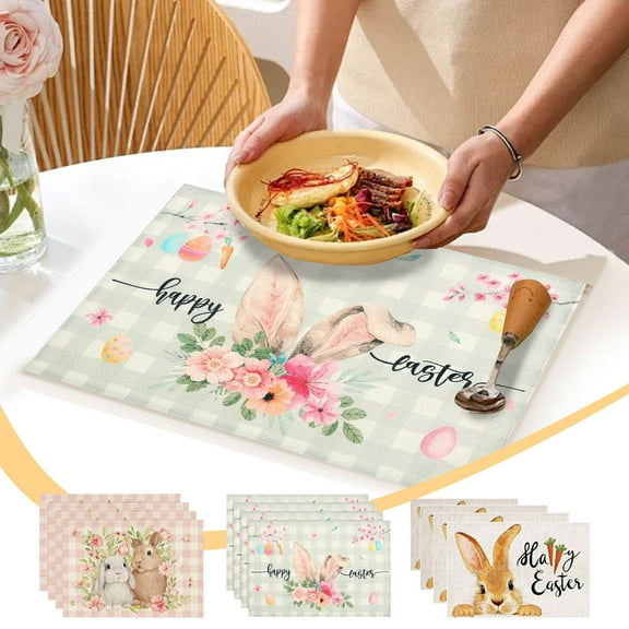 Easter Bunny Rabbit Eggs Flowers Buffalo Plaid Placemats Set of 4, 12x18 Inch Spring Table Mats for Party Kitchen Dining Decoration