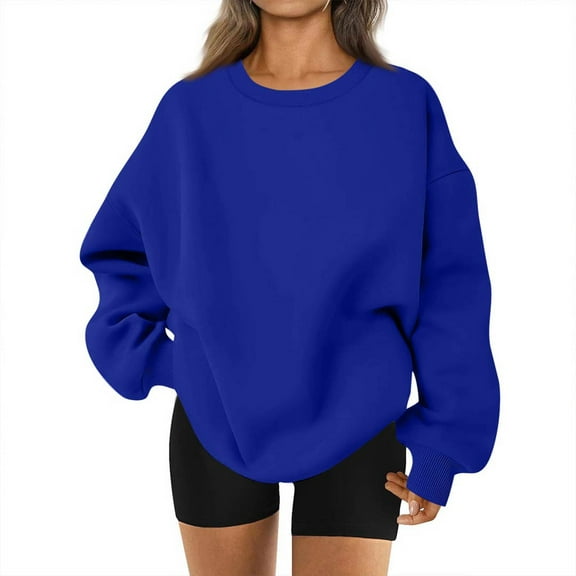 Lumtrix Crewneck Sweatshirts Women Fall Vintage Oversized Sweatshirt Loose Fit Comfort Cute Hoodies Y2k Fleece Pullover with Pocket Blue M