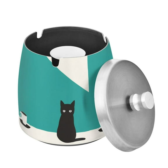 Yayeee Ashtray with Lid for Cigarette Smokeless Stainless Steel Home Ash Holder, Black Cat and Coffee