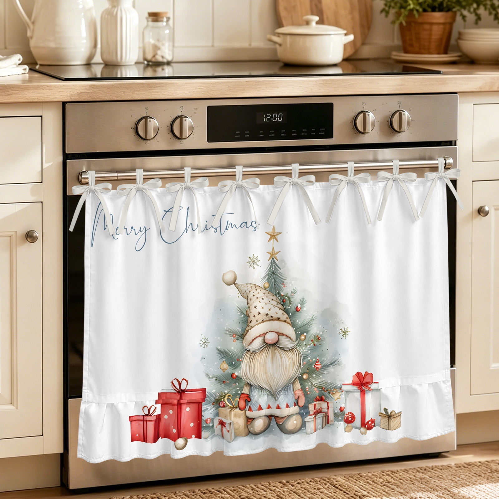 Oven Curtain for Kitchen Merry Christmas Cute Santa Dwarf Stove Curtain With Ruffled Trim Dishwasher Curtains Winter Xmas Tree Gifts Oven Skirt 30 x21.5