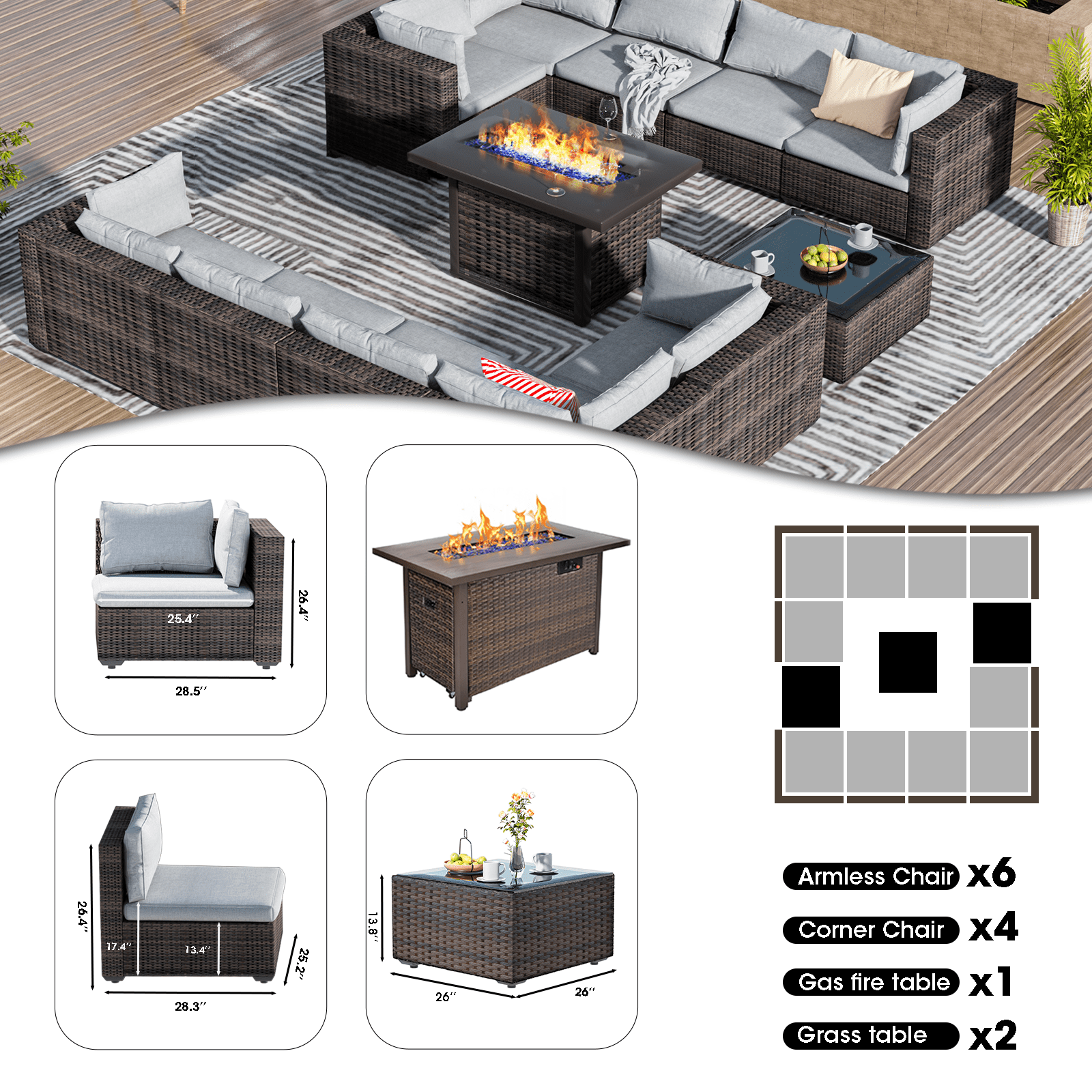 Grezone Patio Furniture Sets 13 Pieces Sectional Outdoor Furniture Sofa Chairs Set All Weather PE Rattan Wicker Couch Conversation Set, Grey